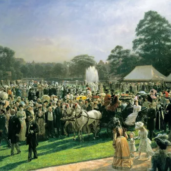 An oil painting of a garden party at Buckingham Palace. Queen Victoria and Alexandra, Princess of Wales are returning to the Palace in an open carriage pulled by two grey horses; in the garden, on the left, the Prince of Wales is conversing to a couple in