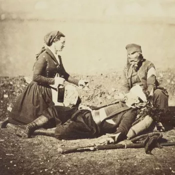 Wounded soldiers in the Crimean War being tended by a nurse