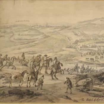 Figures on horesback watching the battle in the distance