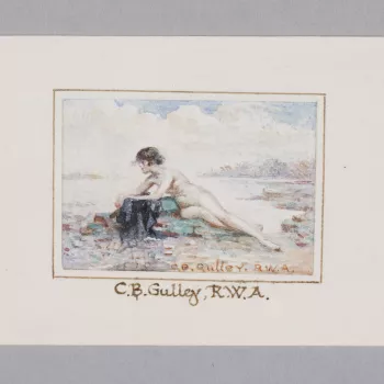 Catherine Gulley&rsquo;s watercolour of a nude bather appears a little uncomfortable and chilled as she reclines awkwardly on the cold rocks of a British beach. It is likely that this miniature watercolour was based upon a life drawing, scaled-down and tr