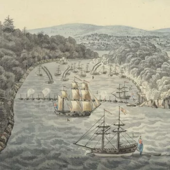 Ships landing troops in a bay