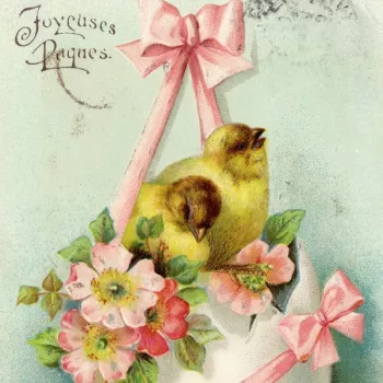 Detail of drawing showing chicks nestling in an egg in an Easter scene