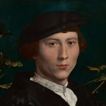 Painting of a man wearing a black hat with green leaves behind.