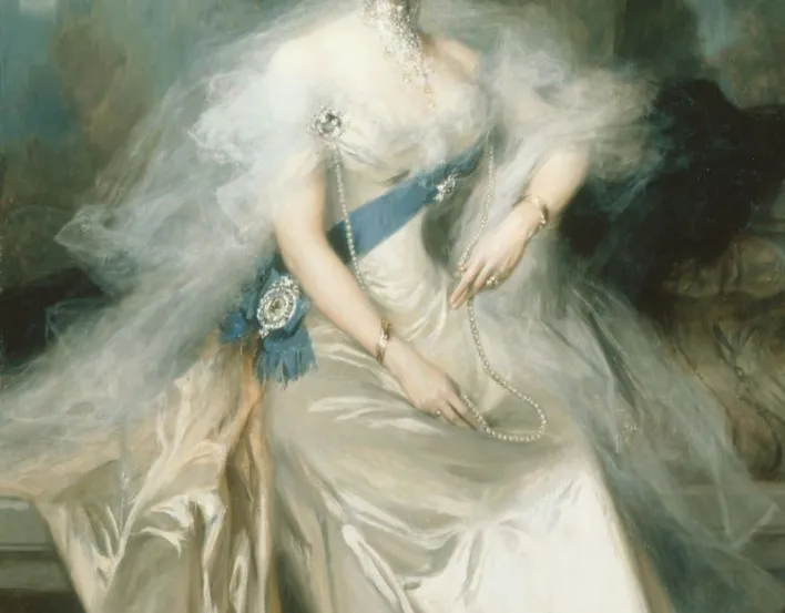 This strikingly sophisticated and composed portrait of Queen Alexandra was painted by the French artist Fran&ccedil;ois Flameng in 1908. It is perhaps one the highlights of early 20th century royal portraiture. The Queen sits upon a stone step, gazing dir