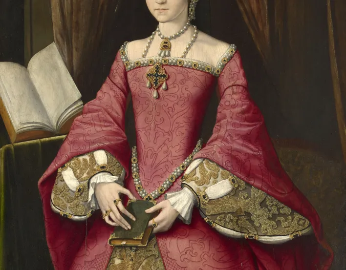 This painting is the finest and most compelling portrait of Elizabeth I before her accession. It conveys her beauty, dignity, gentleness and learning. Although it was probably painted for her father, Henry VIII, it is first recorded in the collection of h