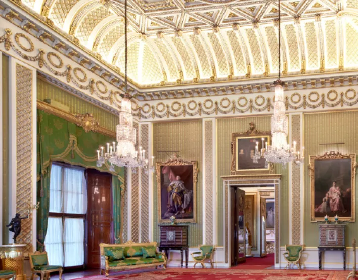 A view of the Green Drawing Room at Buckingham Palace.
