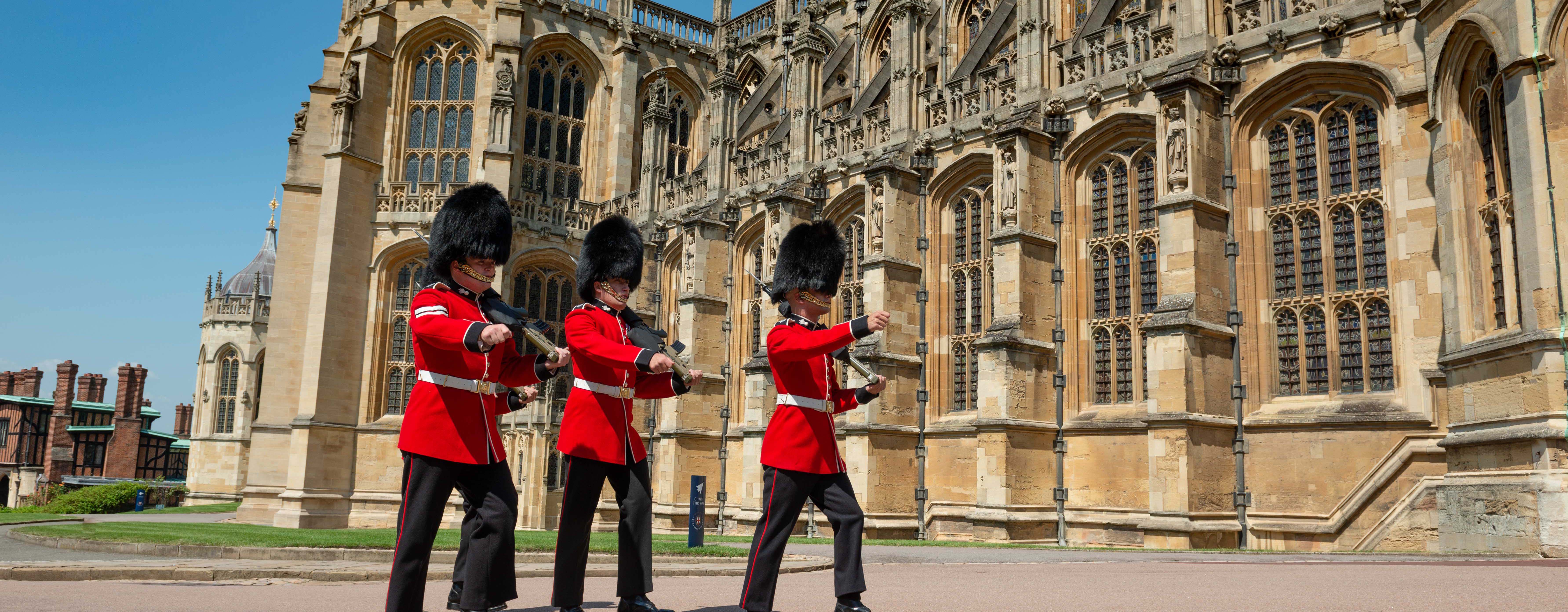 Soldiers walk past St George's Chapel